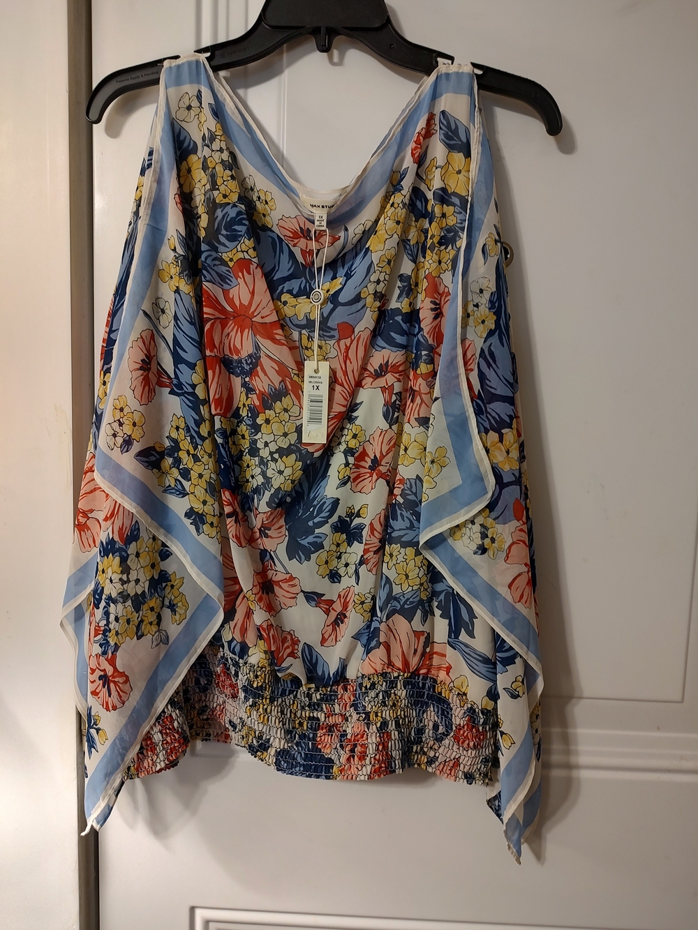 Floral Sheer Flutter Top in Blue and Coral